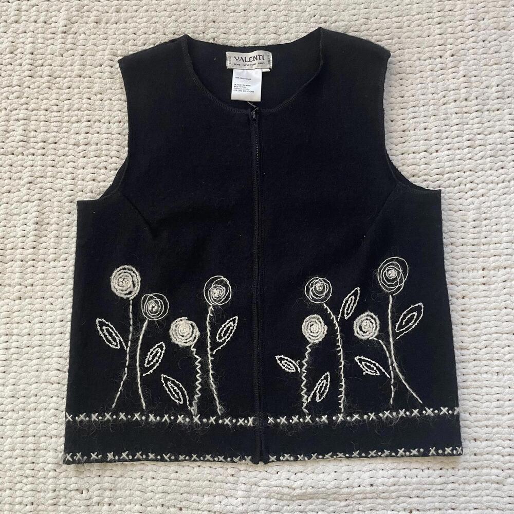 Womens Vintage Wool Embroidered Floral Rose Vest - Size Large